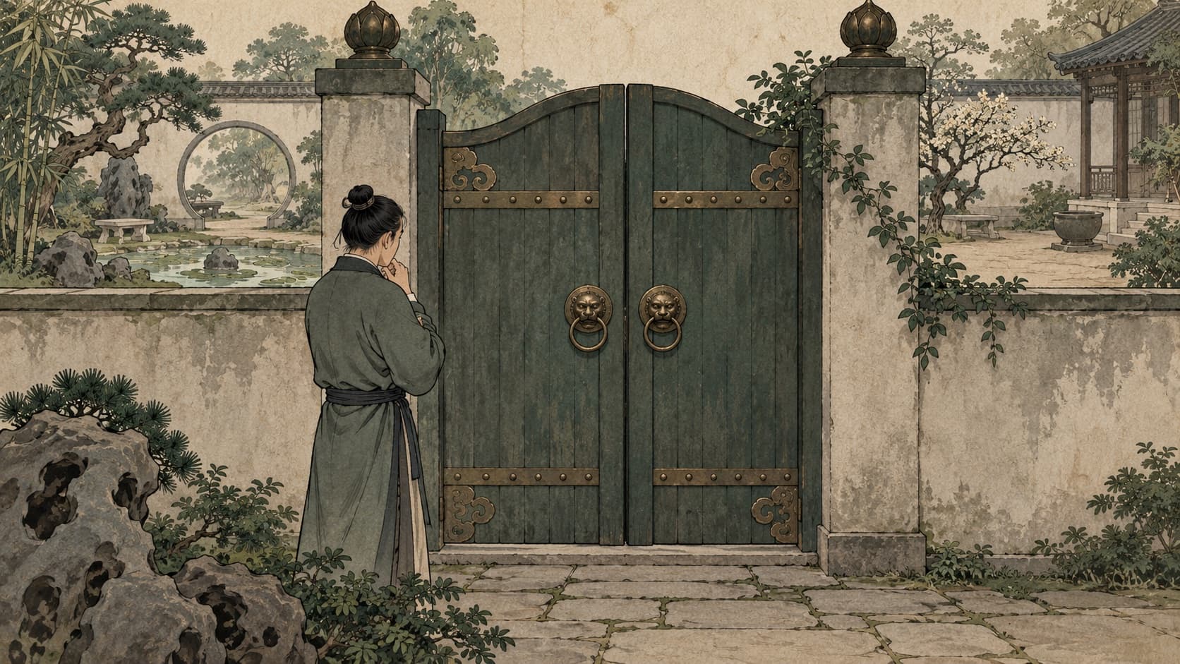 An adult pauses in front of a closed gate between quiet courtyards.