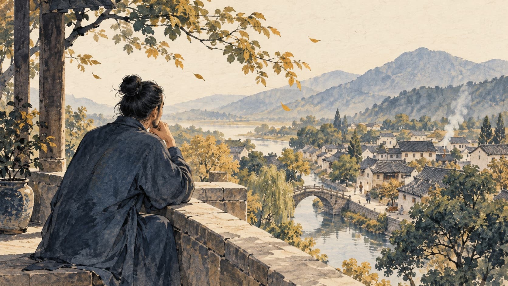 An adult observes a village from a terrace beneath windblown trees.