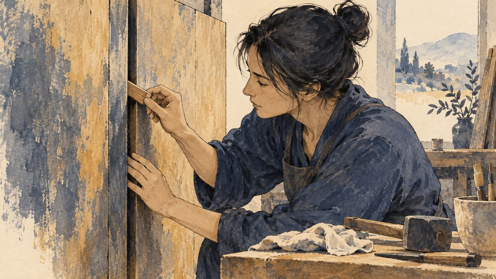 An adult carefully handles a wooden wedge between two workshop panels.
