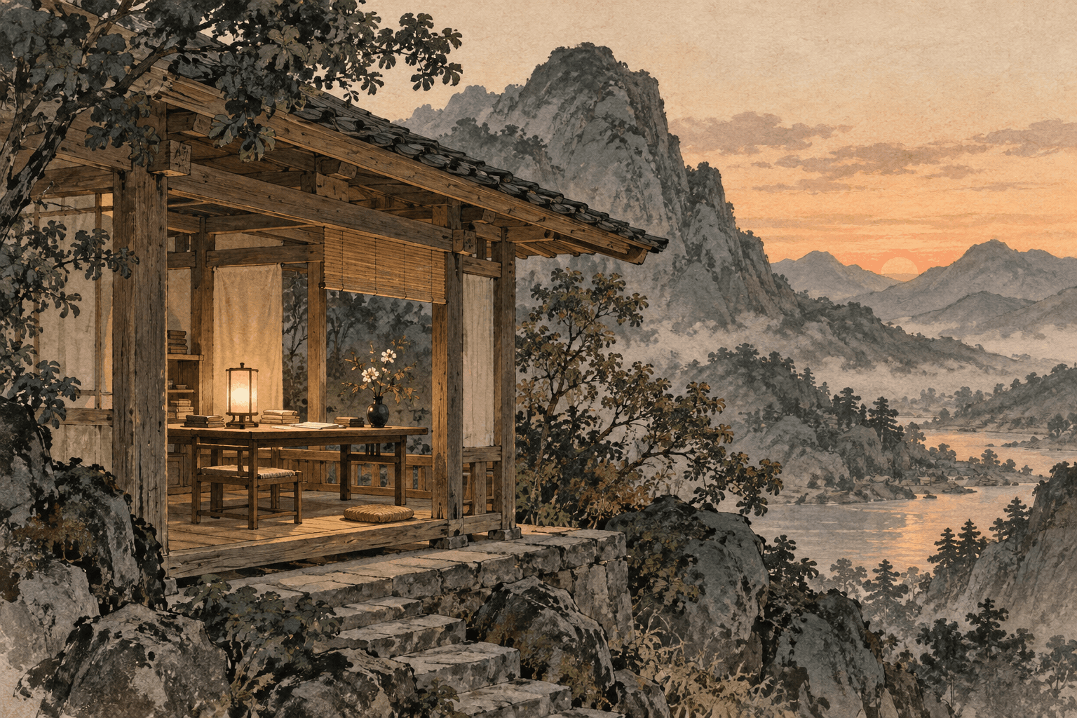 A simple lamp illuminates books and a modest flower inside a wooden pavilion below a mountain.