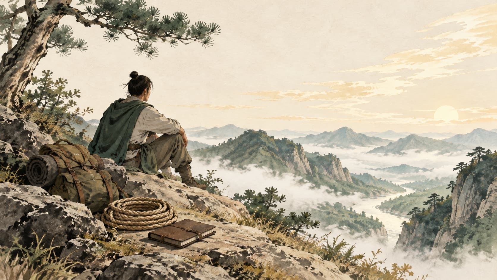 A traveler pauses beside a mountain path with a closed notebook and coiled rope.
