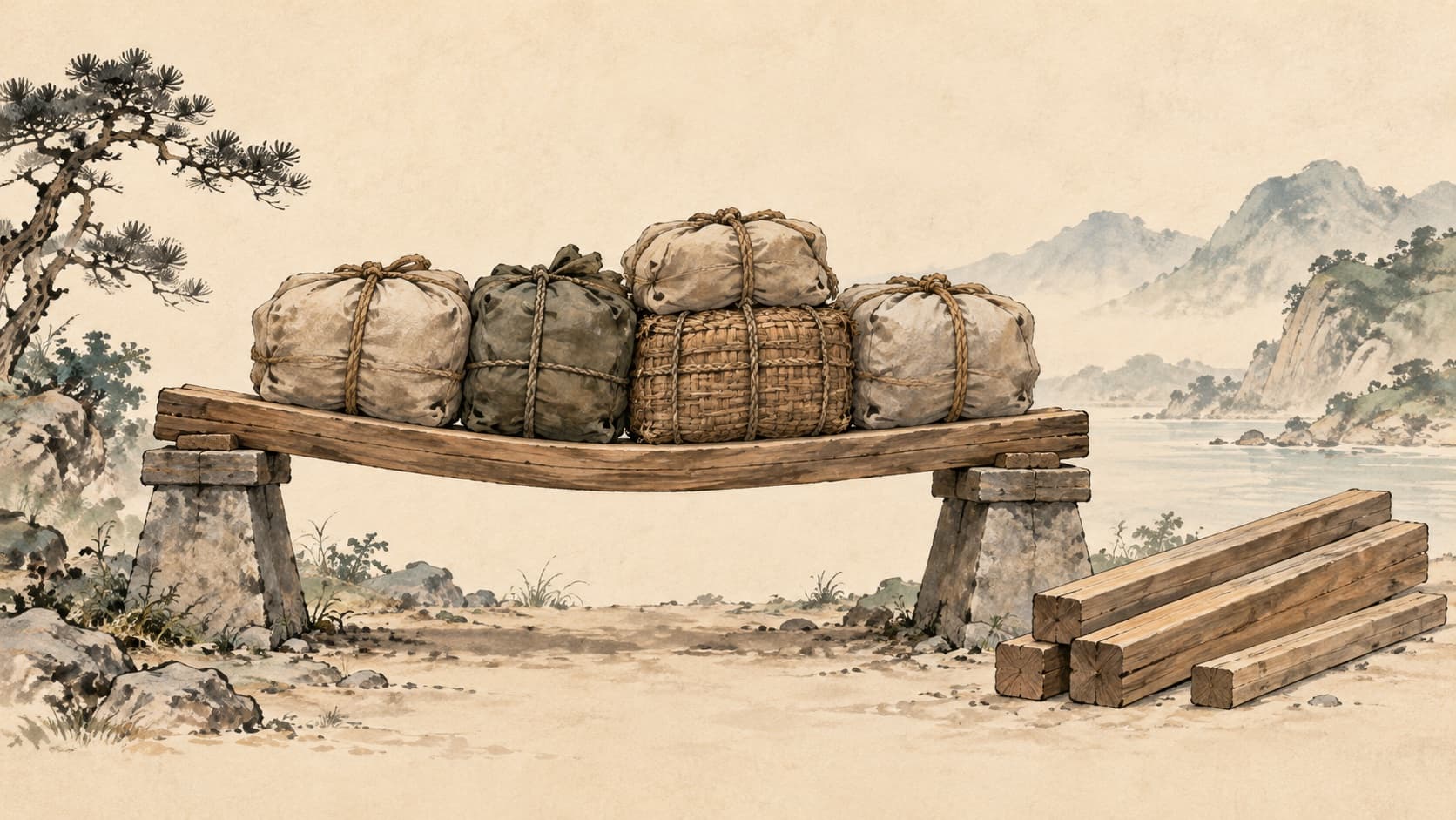 A timber beam bows under storage bundles, with unused reinforcing timbers nearby.