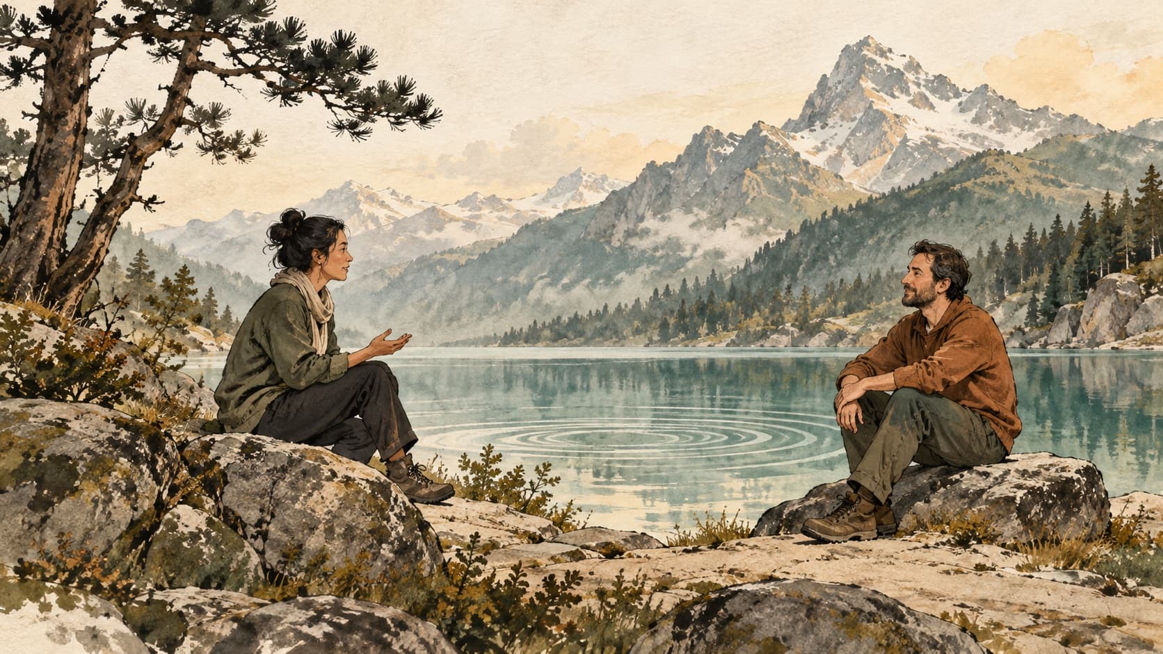 Two adults talk and listen at a respectful distance beside a calm mountain lake.