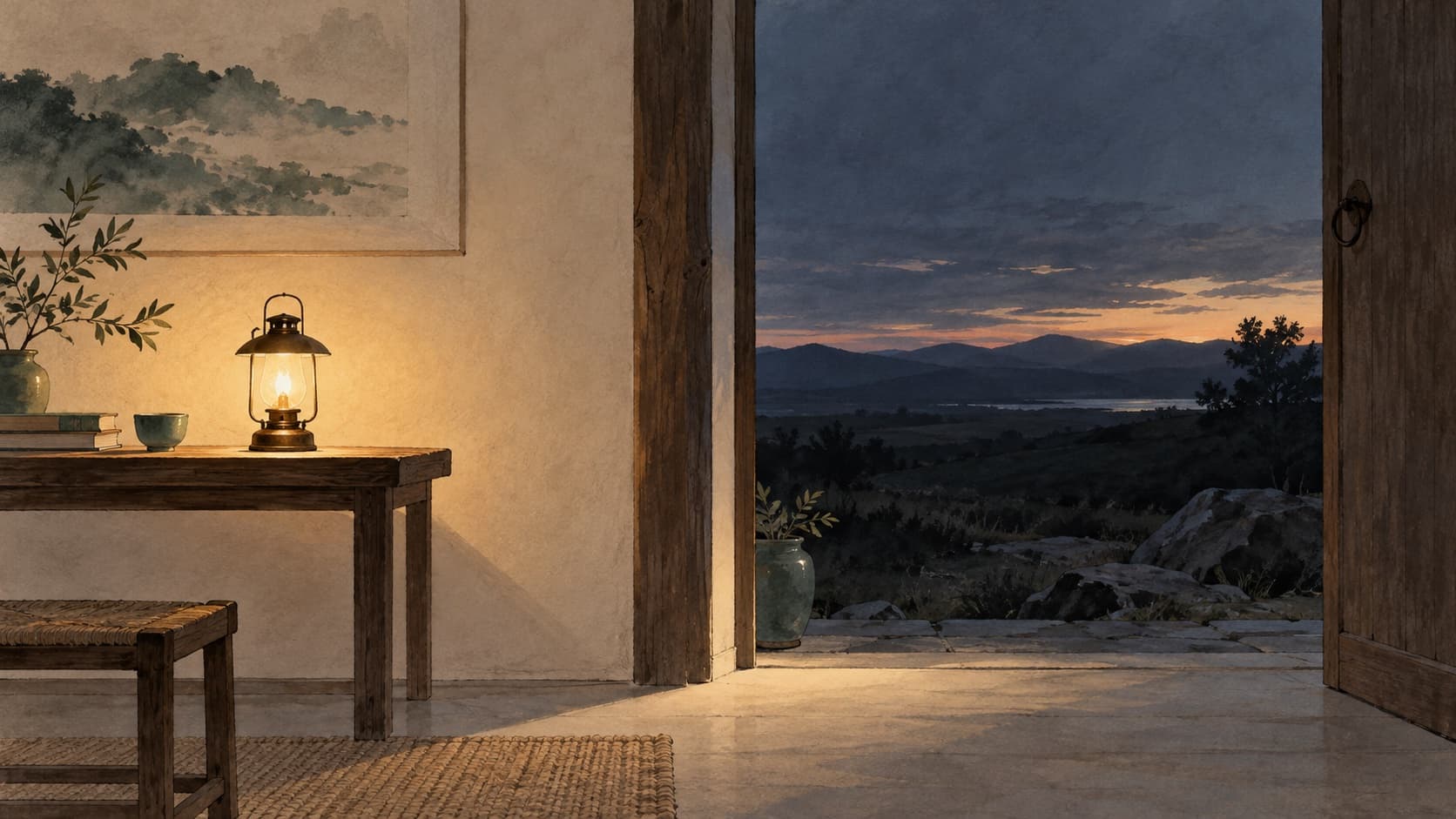A small lamp lights a sheltered room while a doorway opens toward a twilight landscape.