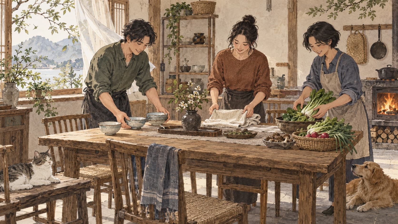Three adults share practical household tasks around a table with bowls and vegetables.