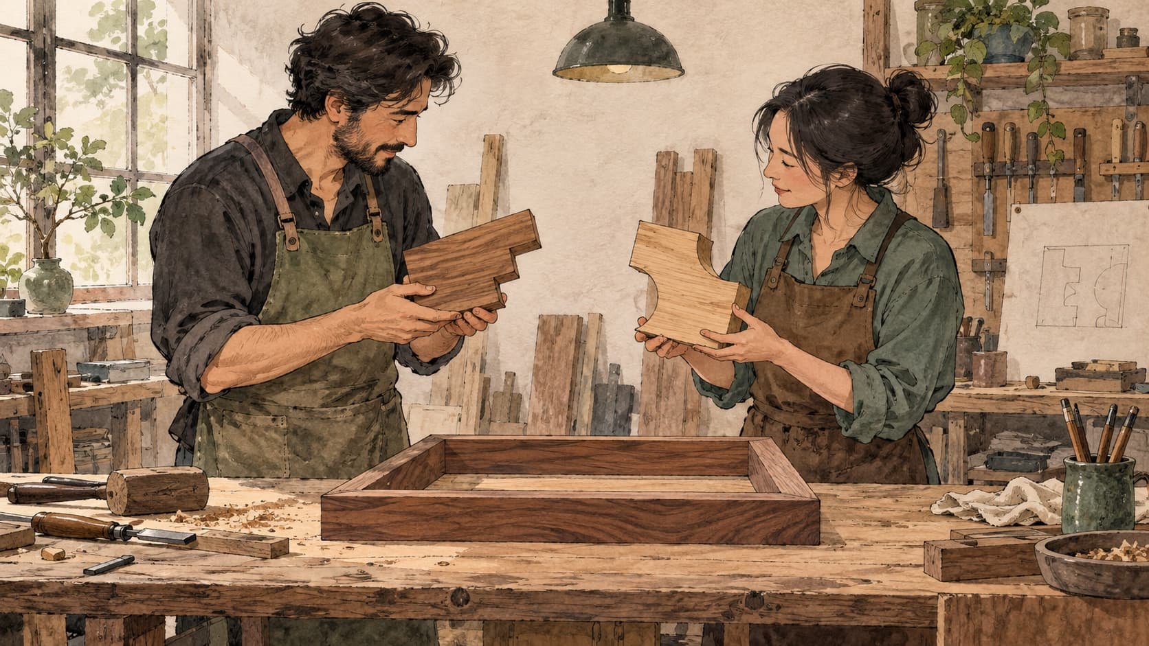Two adults compare differently shaped wooden pieces over a shared frame in a workshop.
