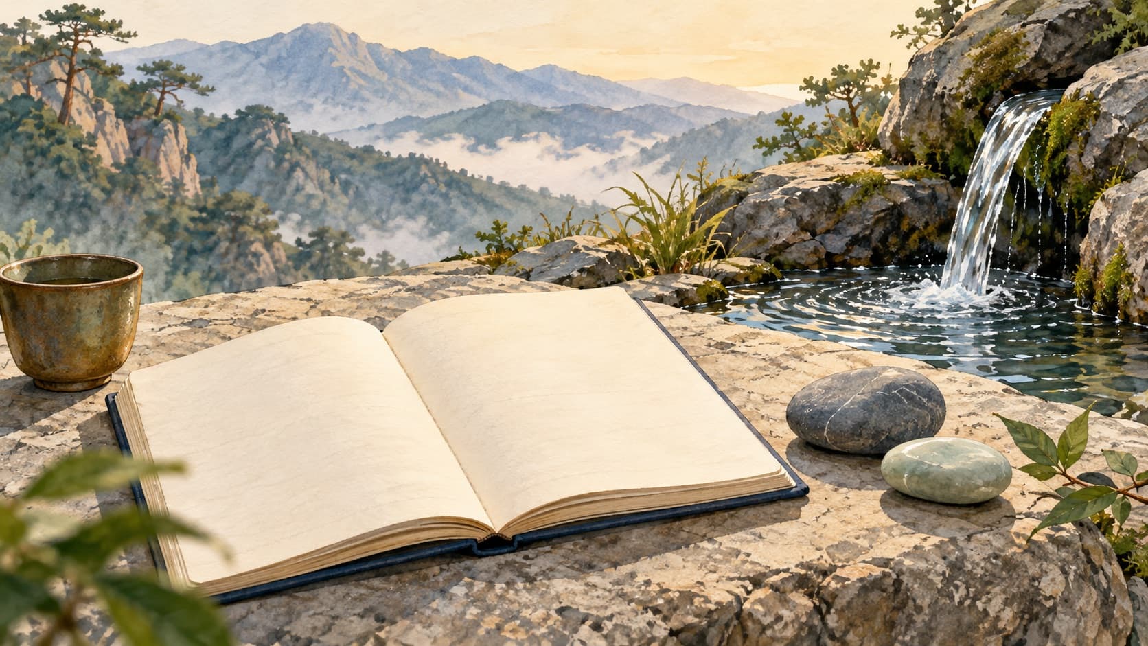 An open blank notebook and two stones beside a mountain spring.