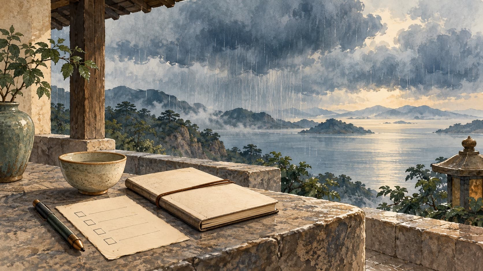 A cup, notebook and blank checklist on a sheltered terrace overlooking rain clouds and water.