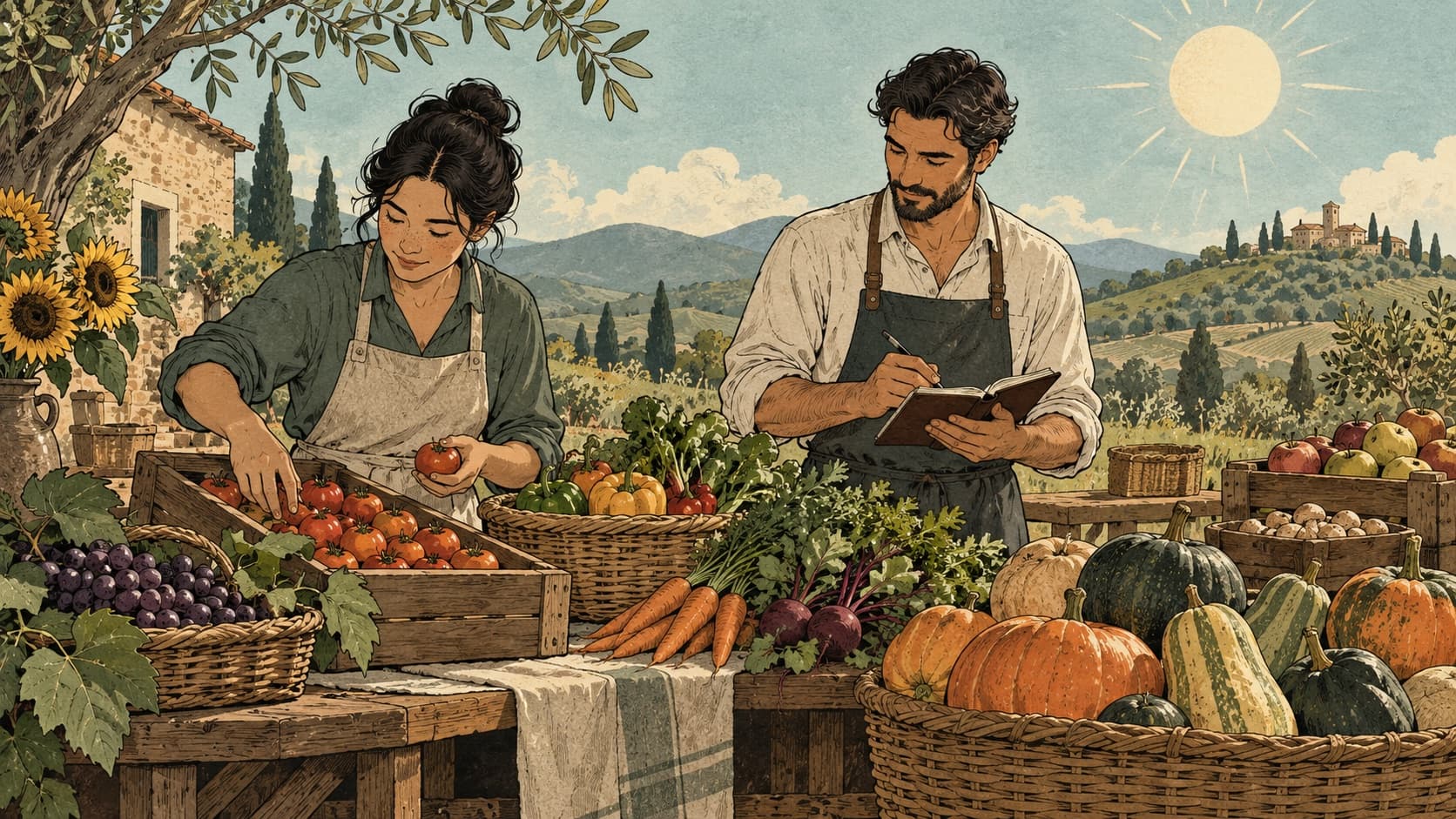 Two adults sort baskets of produce and write notes beneath a midday sun.