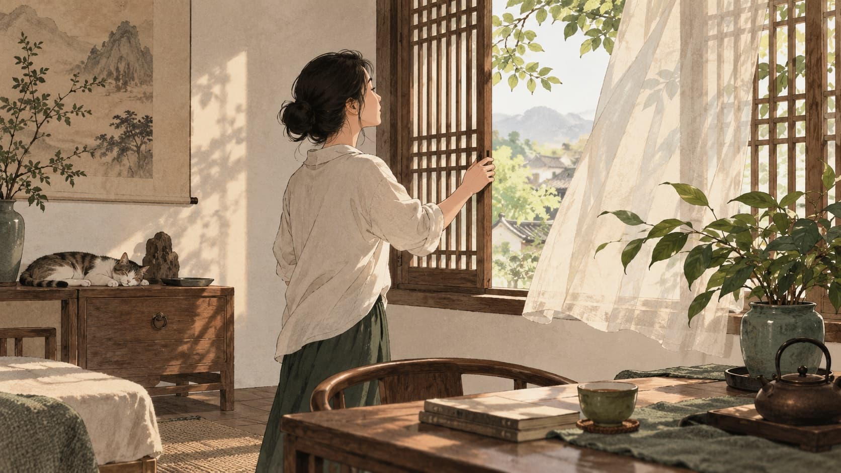 An adult opens a lattice window as a breeze moves the curtain.