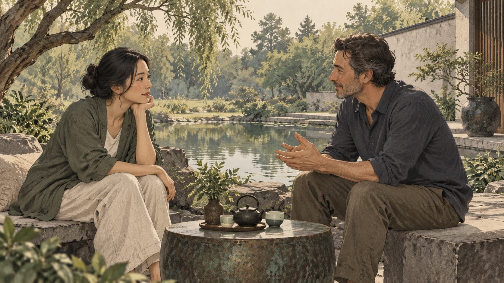 Two adults listen and talk beside a pond.