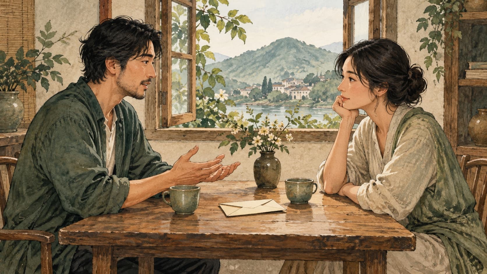 Two adults speak across a table with cups and a plain envelope.