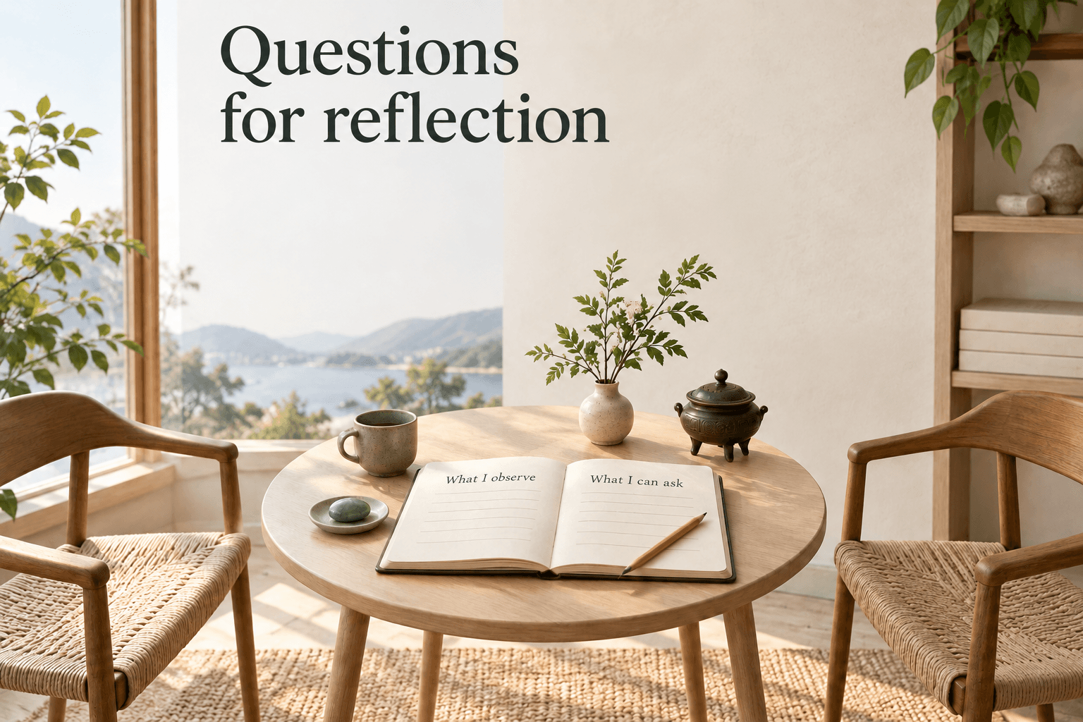 Two empty chairs beside a notebook with headings for observations and questions