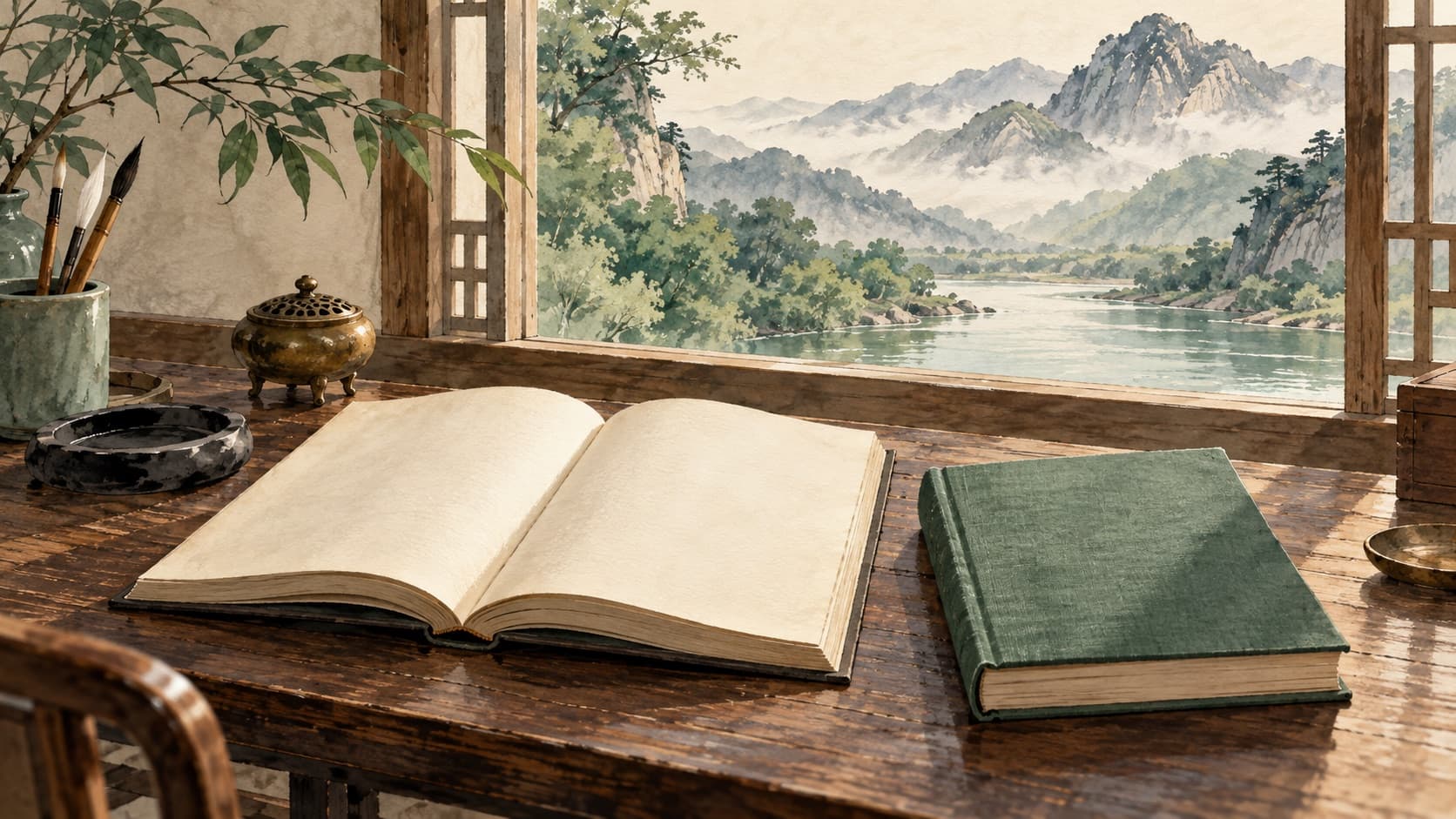 Two distinct unlettered books on a desk beside a window overlooking a stream and mountain.