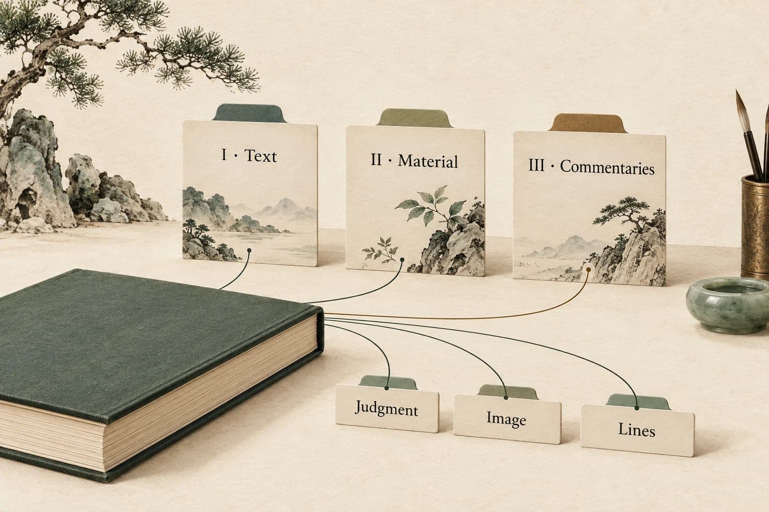 An unbranded book connected to cards labeled Text, Material and Commentaries, with smaller Judgment, Image and Lines cards