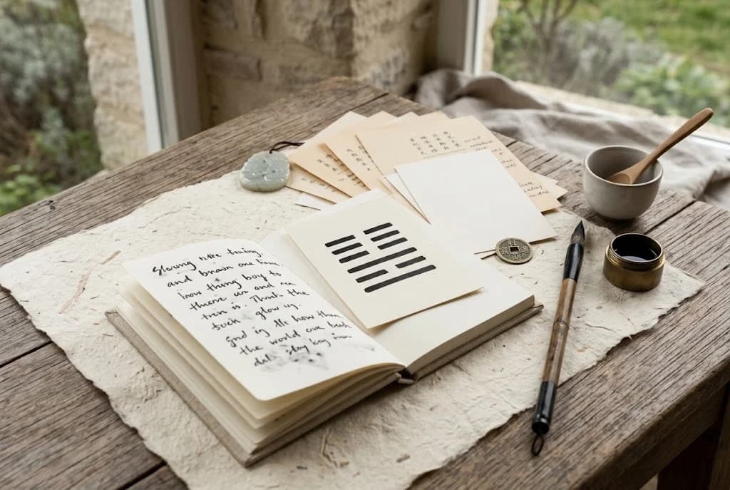 An open notebook, a line-pattern card, papers and a brush beside a window