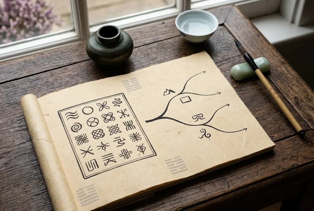 A paper sheet with branching paths and decorative symbols beside a brush and ink pot