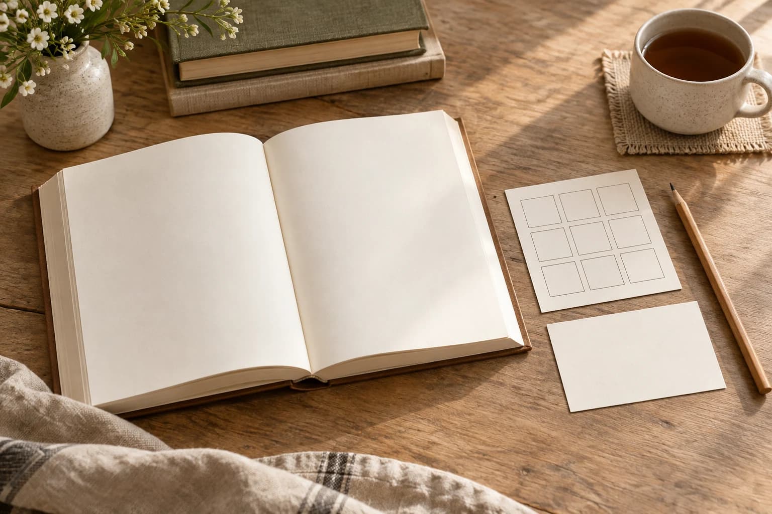 Conceptual still life of a blank open book, a card with nine empty selection boxes and a separate blank note card