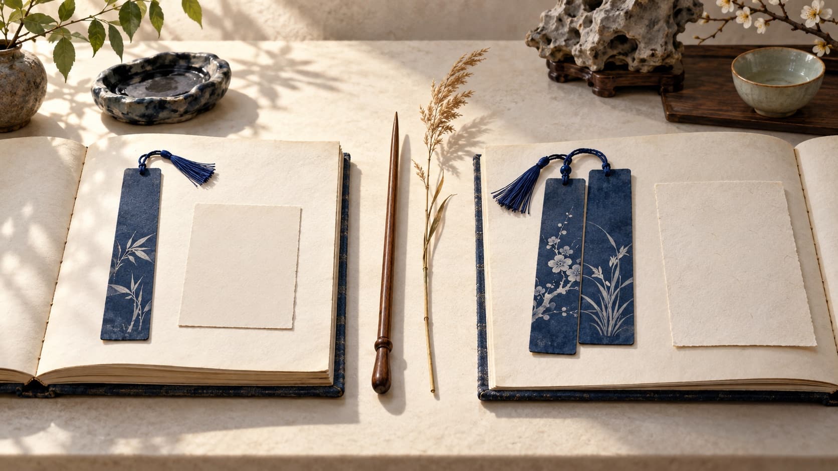 One indigo bookmark in a notebook beside a second notebook holding two bookmarks together, with blank reference cards.