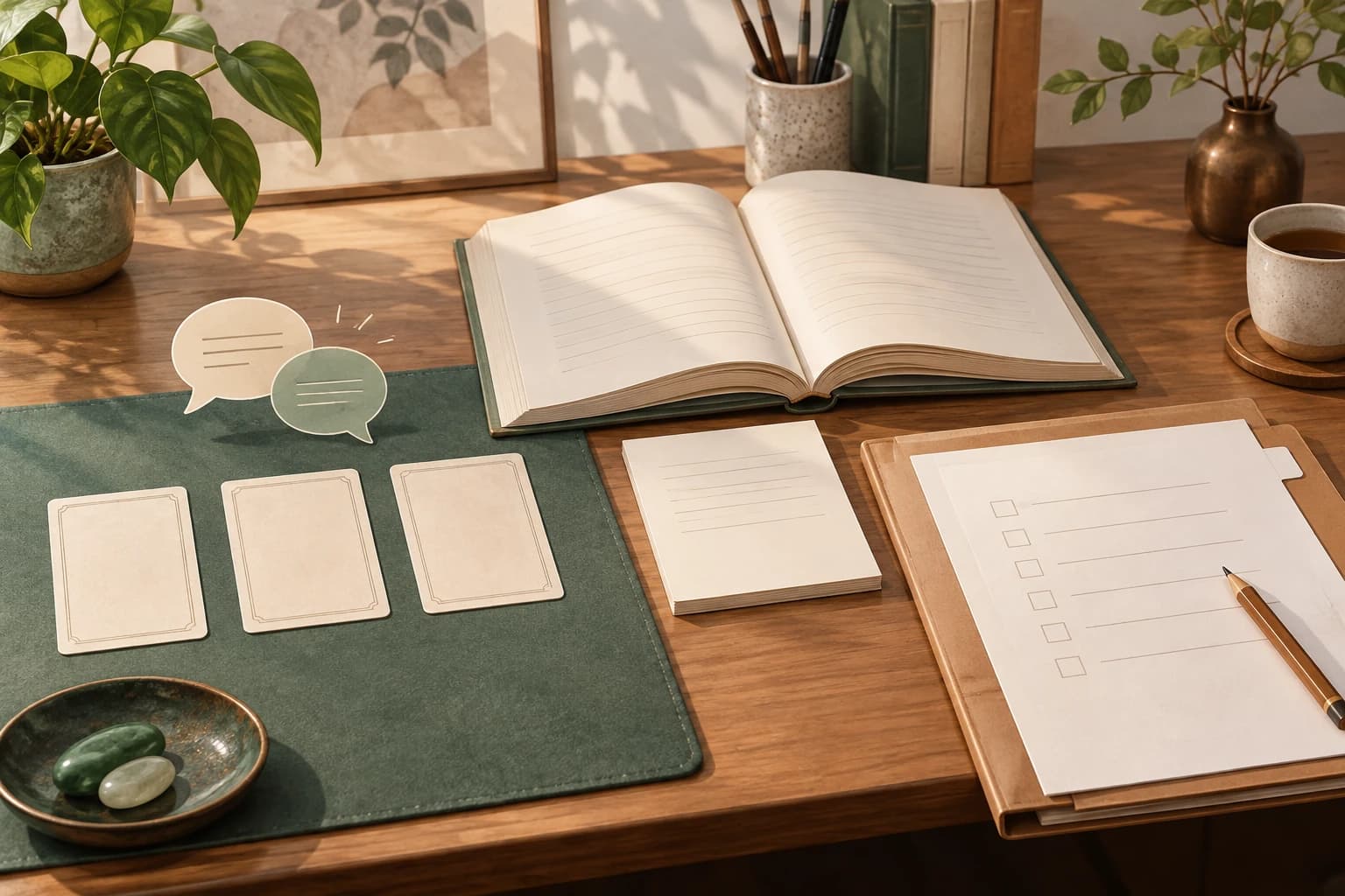 Conceptual illustration of blank cards, an open reference book and a career-information checklist on a desk