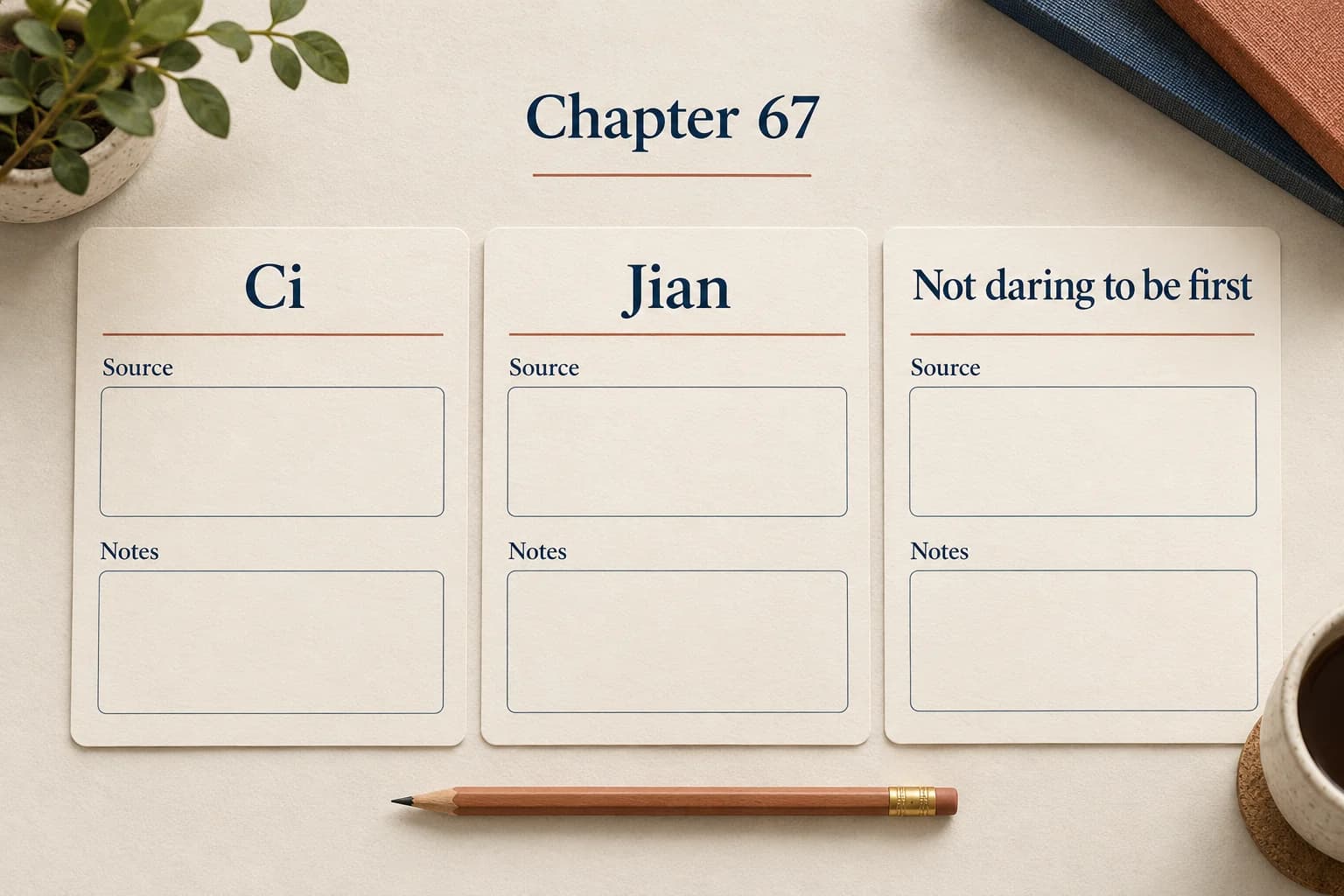 Three modern study notecards beneath Chapter67, labeled Ci, Jian and Not daring to be first, with blank Source and Notes areas