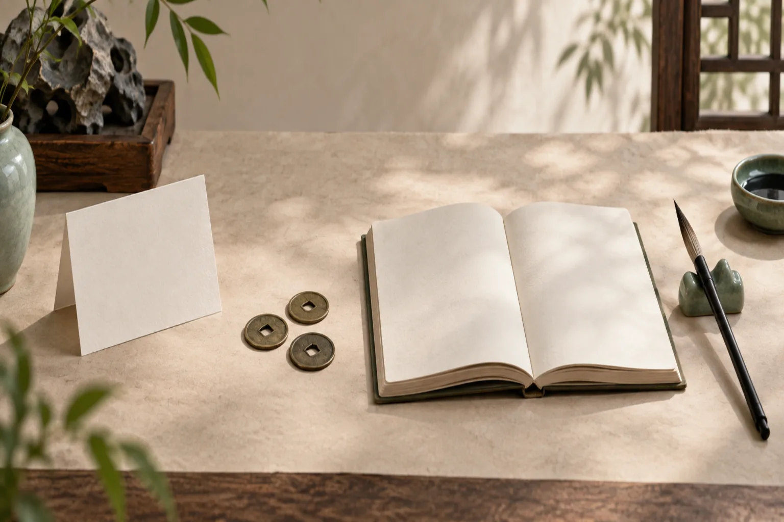 Three coins beside a blank notebook and a blank question card