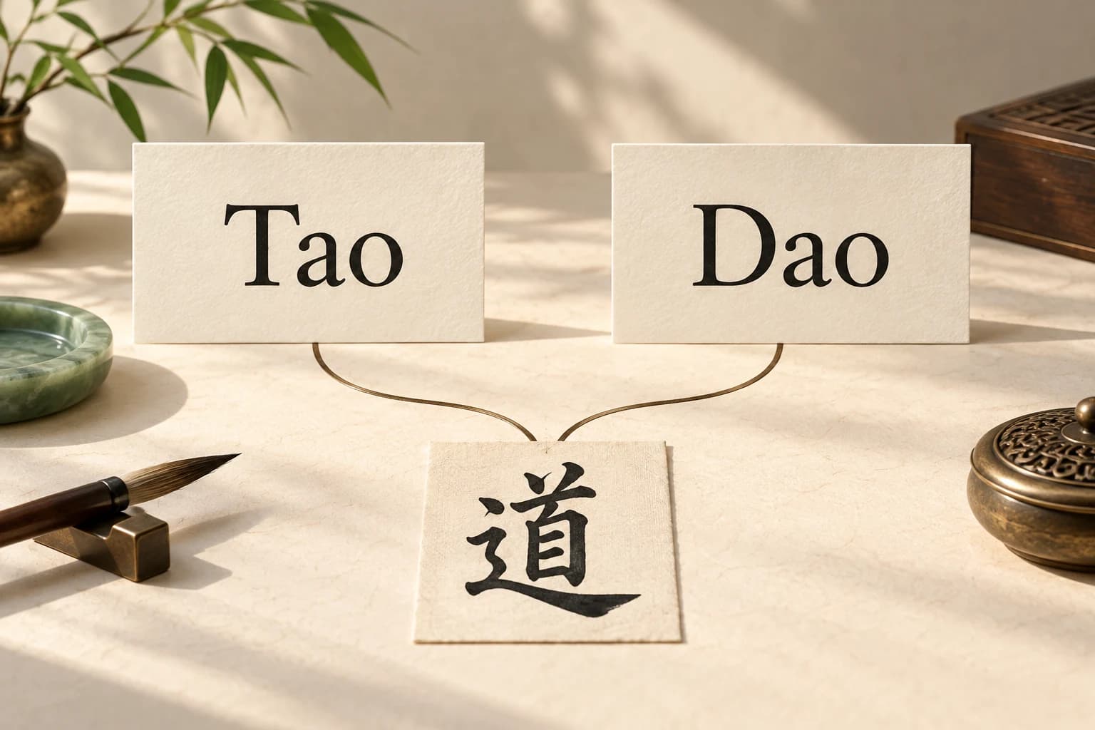 Two paper cards labeled Tao and Dao connect to a card bearing the Chinese character 道