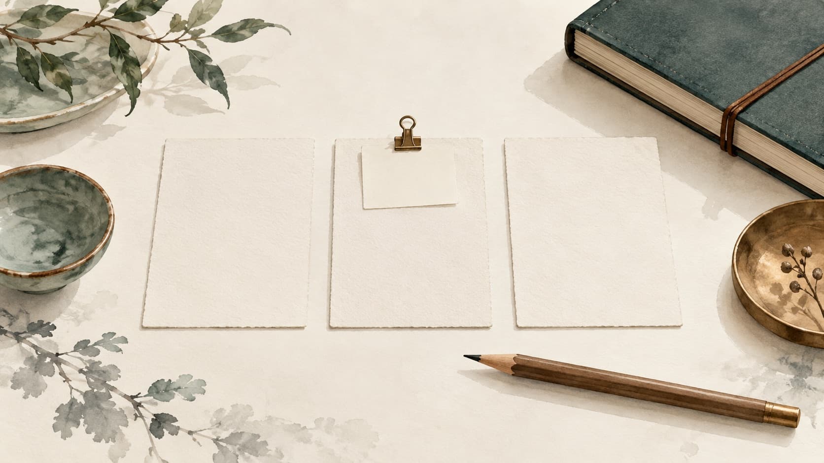 Three blank record cards, one with an attached note, beside a pencil and a closed journal.