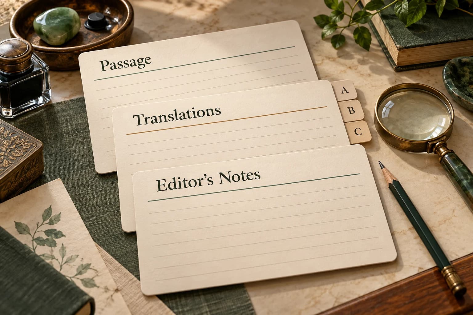 Three paper layers labeled Passage, Translations and Editor’s Notes, with A, B and C tabs