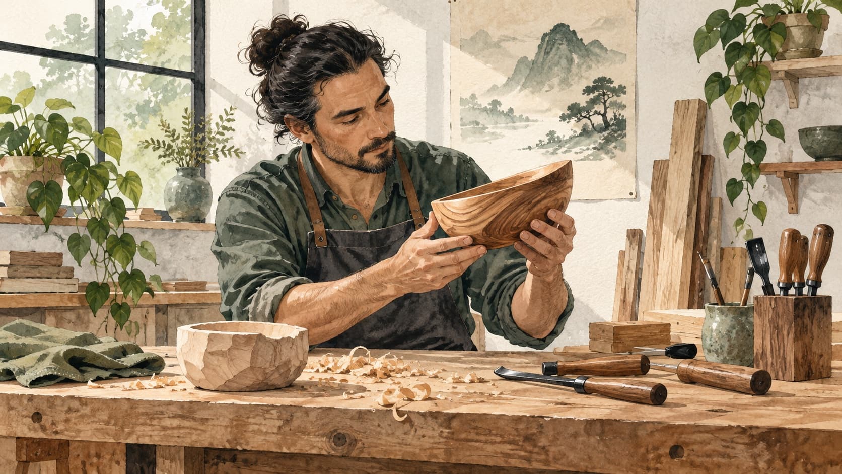A craftsperson checks wooden bowls at a workbench with hand tools.