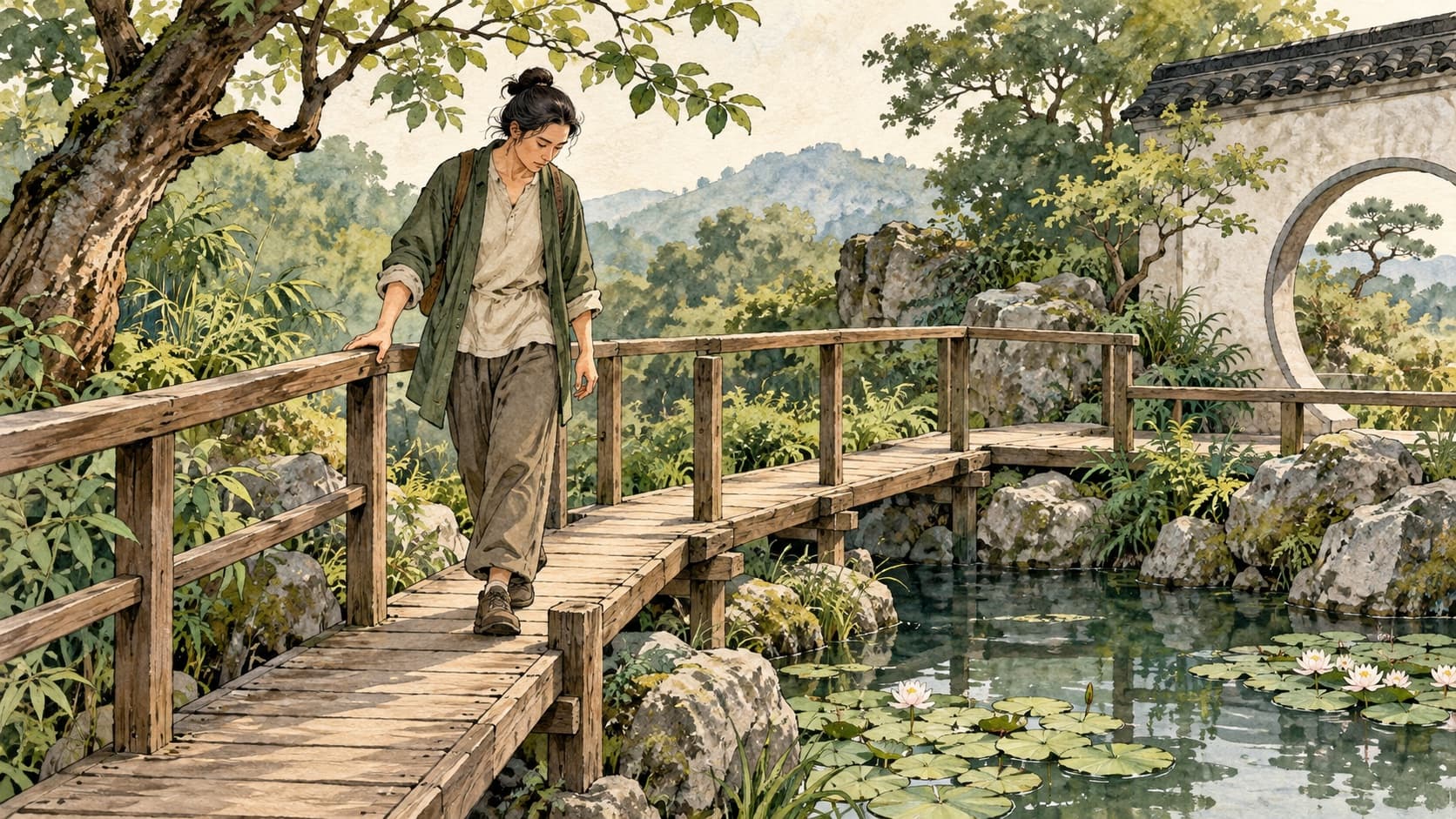 A walker takes a careful step on a raised wooden garden path beside a handrail.