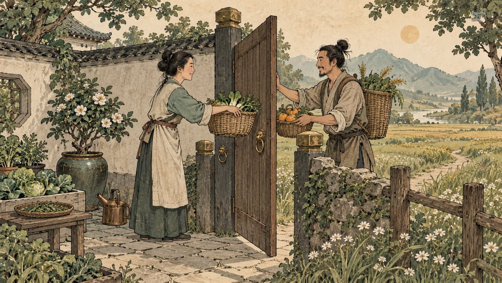 Two adults exchange baskets through an open garden gate.