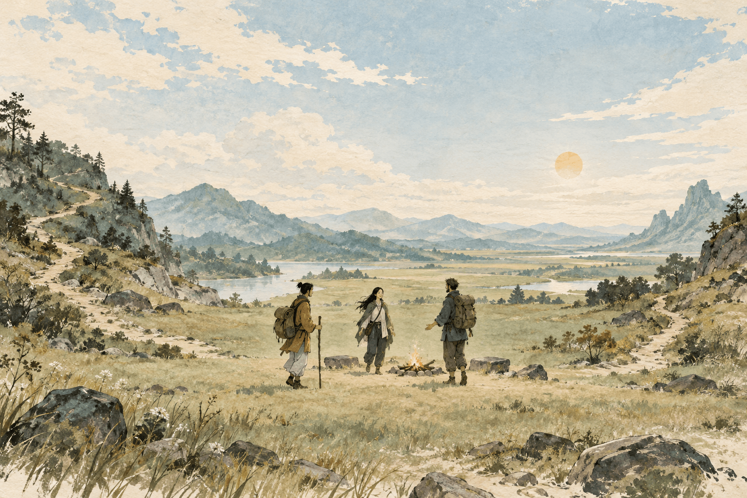 Three travelers meet around a small fire in an open field under a broad sky.
