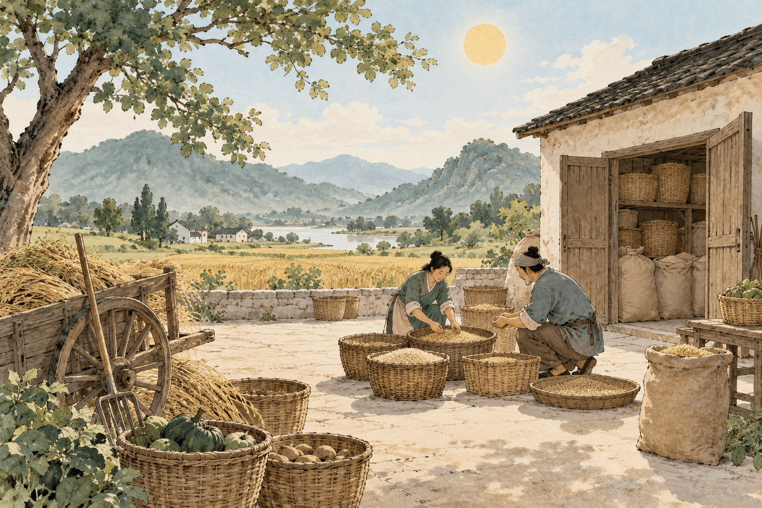 Two figures sort baskets of grain beside an open storehouse beneath the morning sun.