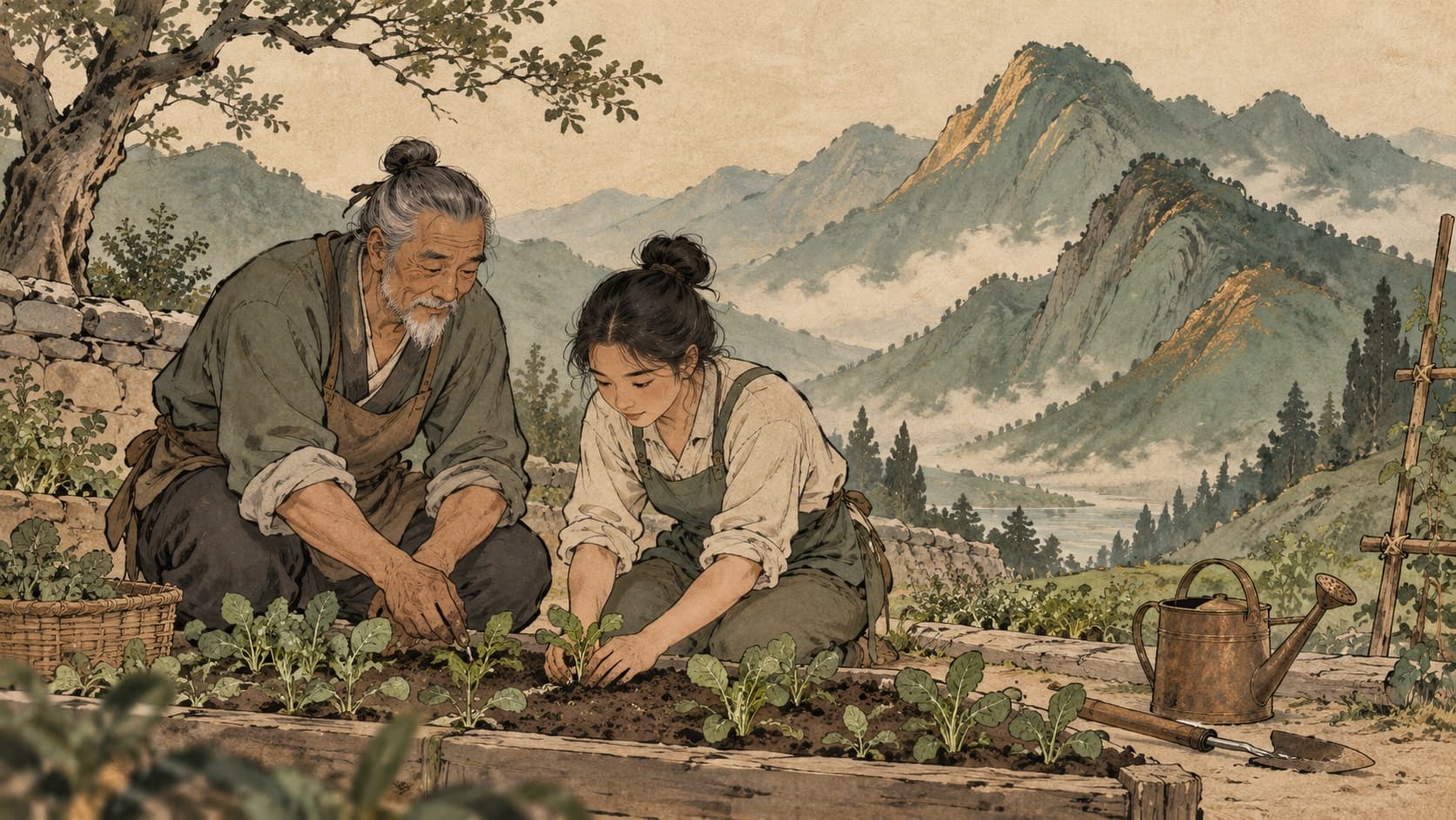An experienced gardener helps a younger adult tend a planting bed.