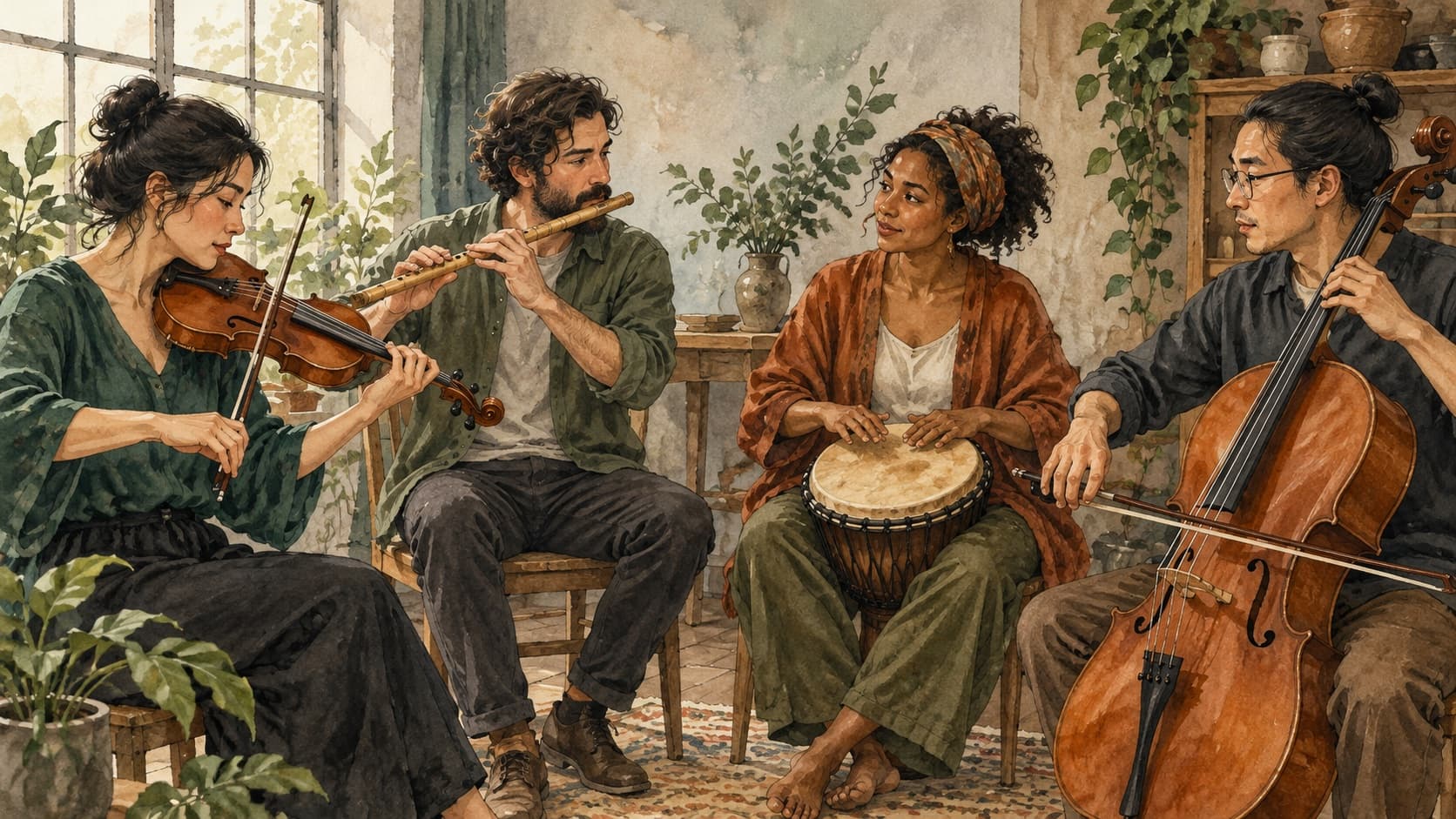 Four musicians rehearse together with a violin, flute, cello, and hand drum.