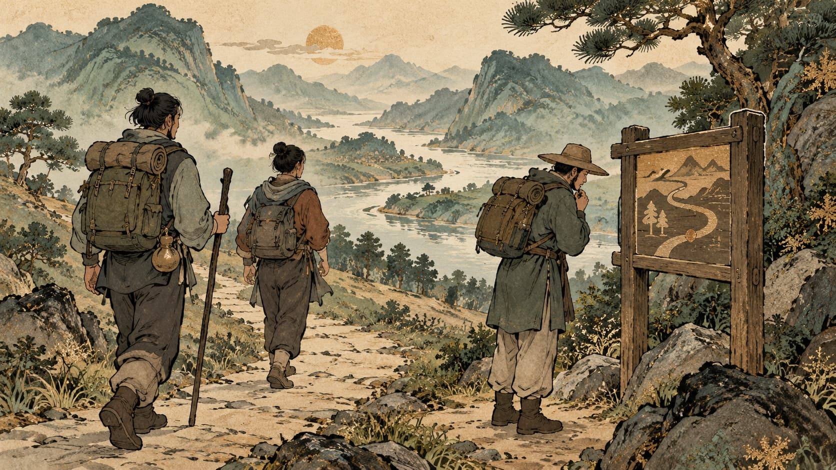 Three walkers follow a mountain path while one checks a pictorial trail sign.