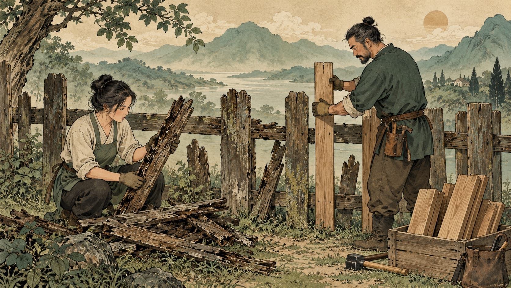Two adults sort damaged boards and repair a wooden fence.