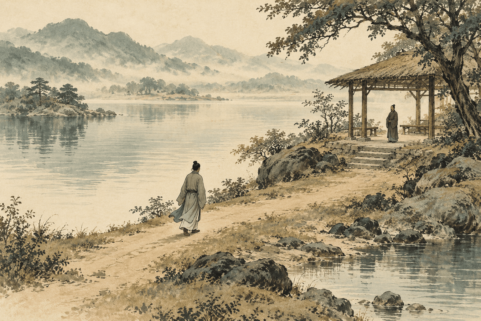 One figure approaches an open shelter beside a lake while another waits at the entrance.