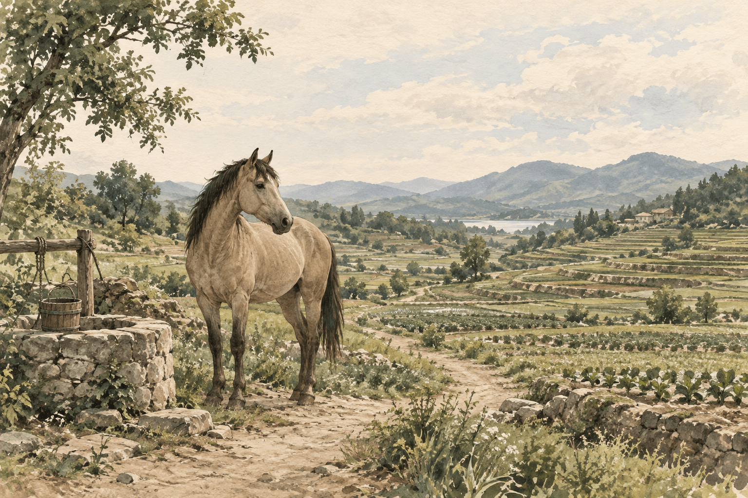 An unsaddled horse stands beside a footpath overlooking cultivated earth and green terraces.