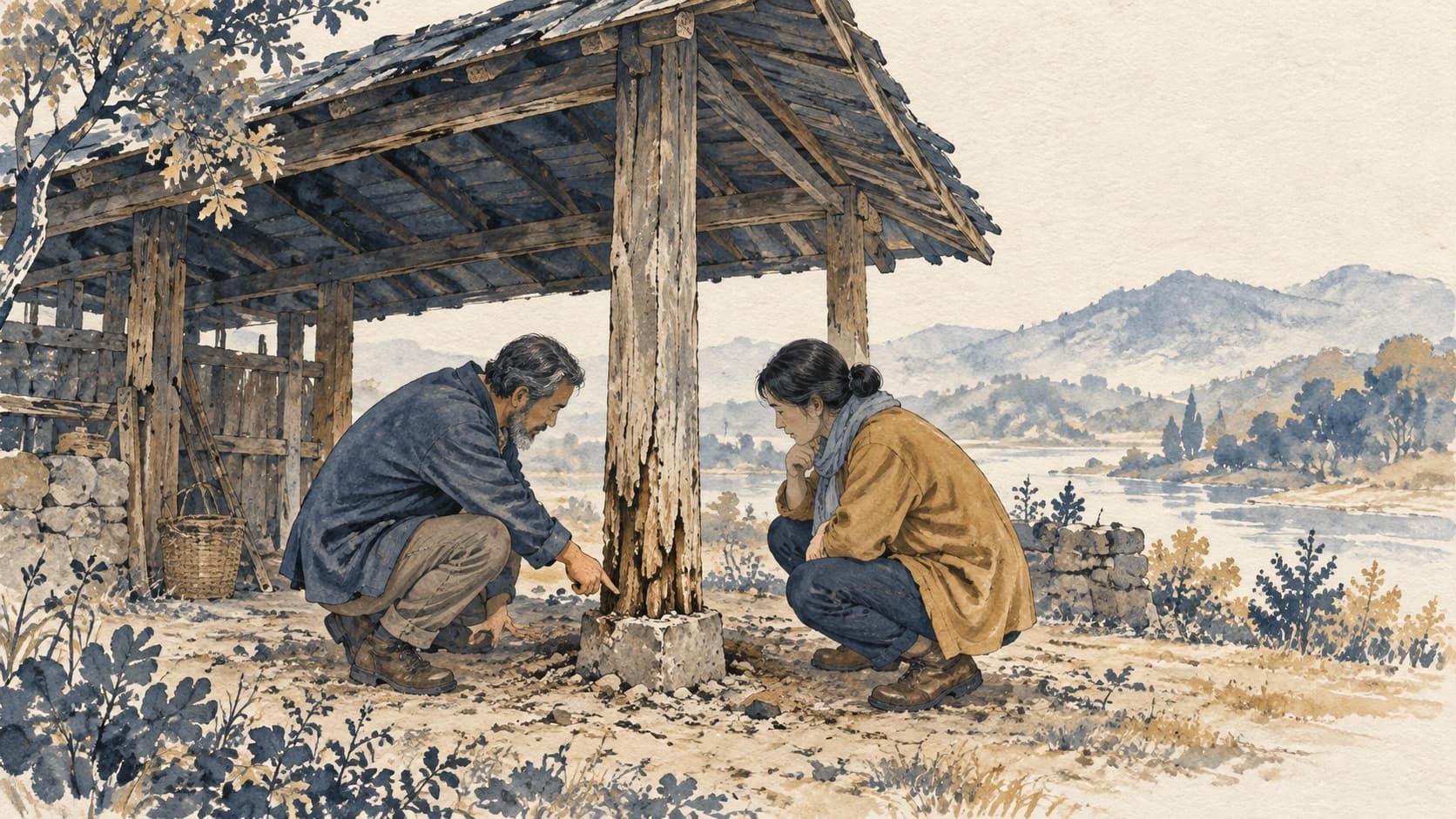 Two adults inspect the worn base of a wooden shelter support.