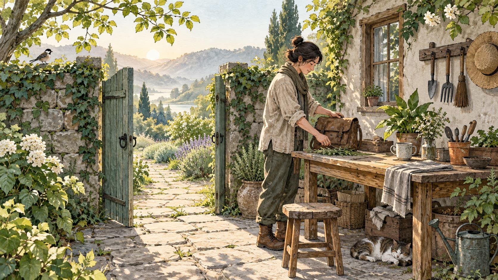 An adult returns through a garden gate toward a workbench, carrying a satchel.