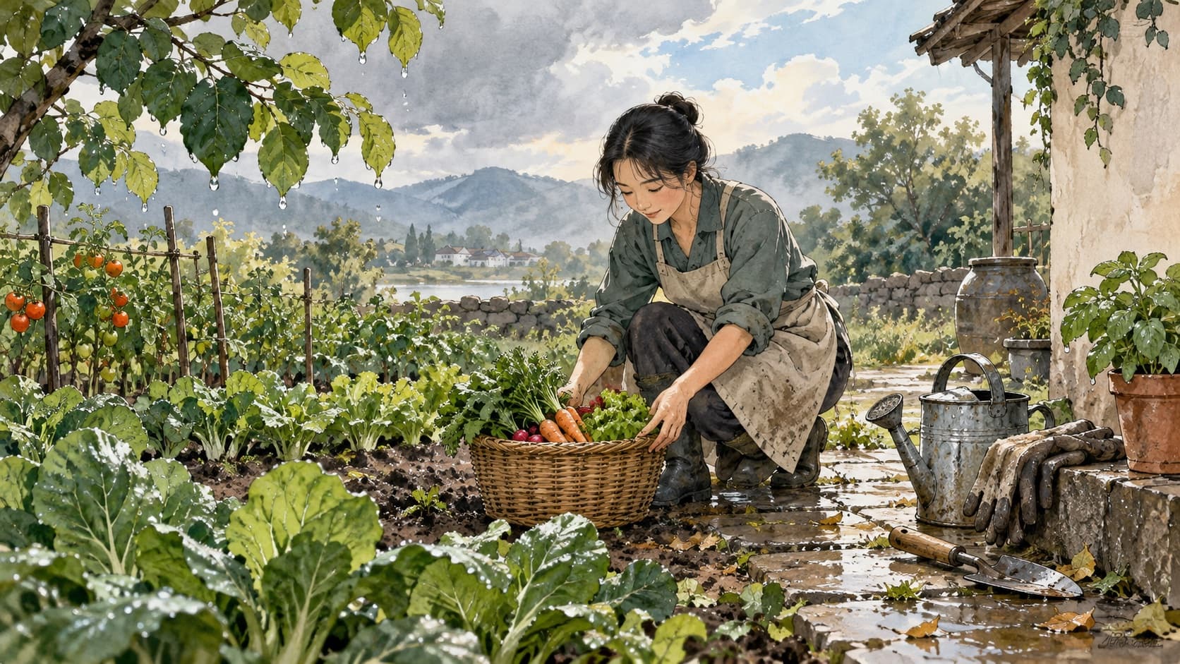 A gardener tends an ordinary vegetable plot after rain beside a basket of produce.