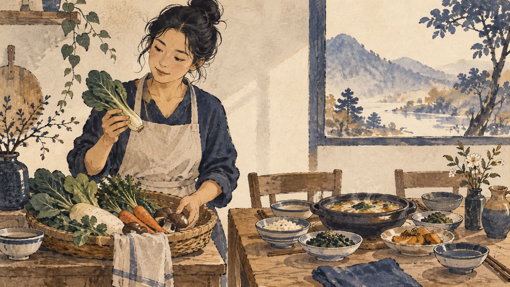 A cook selects vegetables beside a table set with a shared meal.