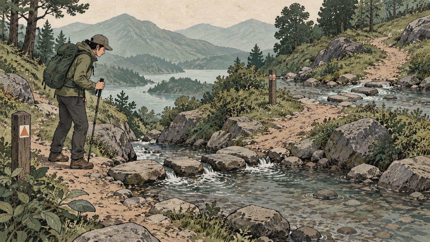 A hiker pauses beside successive stream crossings on a marked mountain path.
