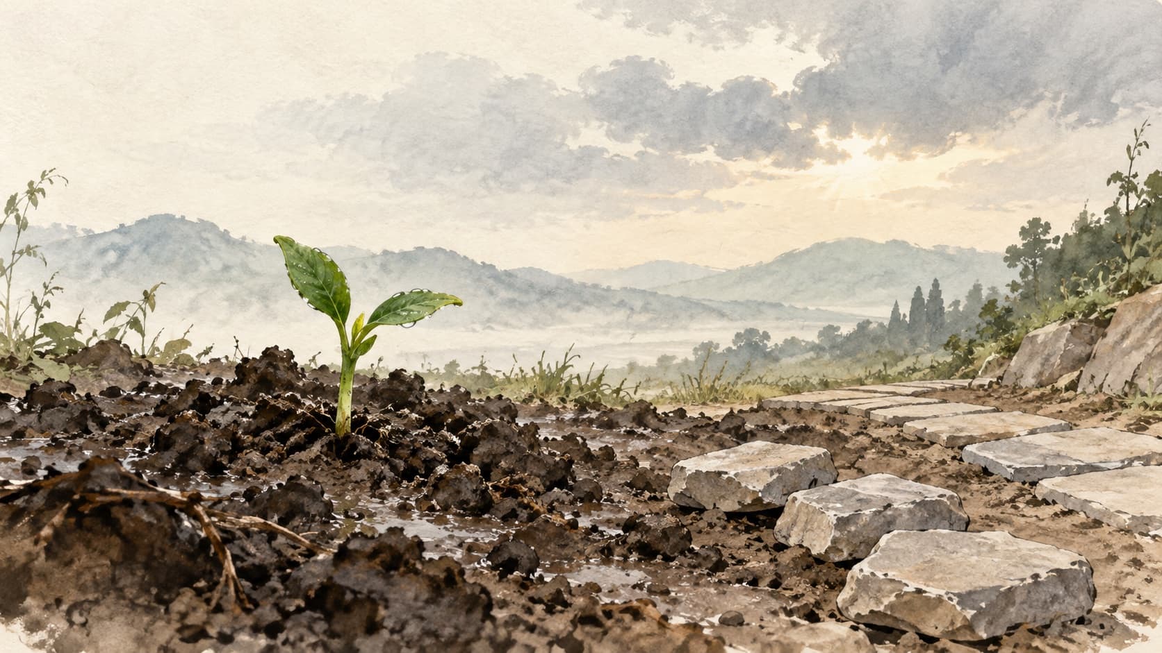 A green shoot emerges from rough soil beside an unfinished stone path.