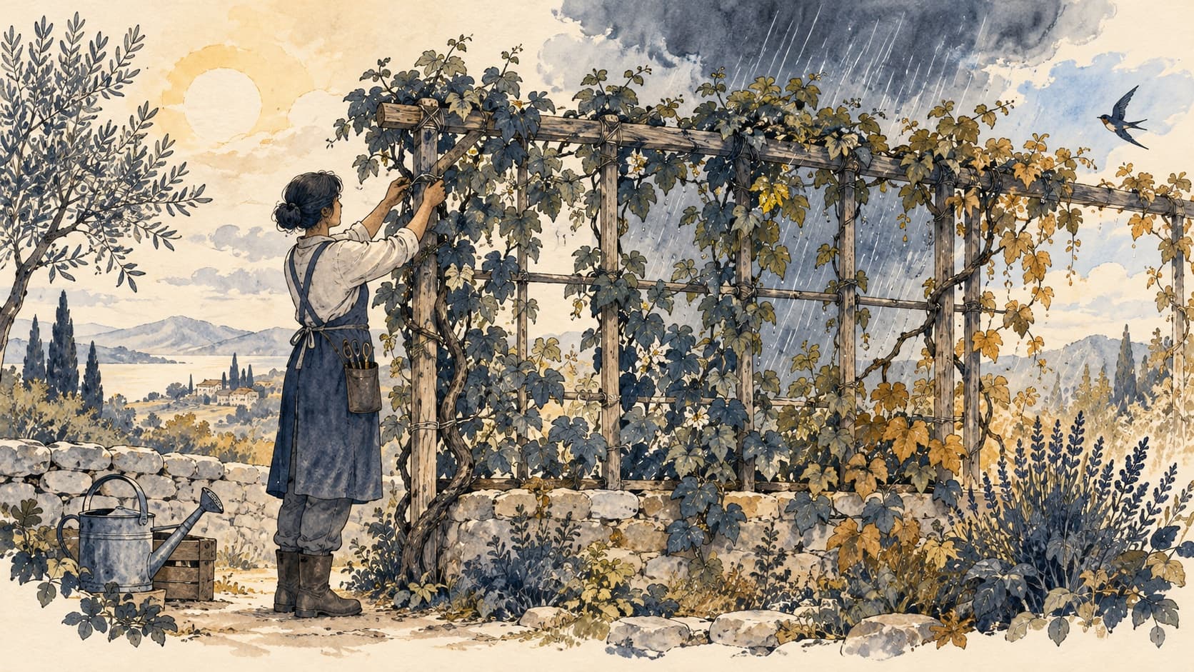 A gardener tends a trellis beneath changing sun and rain.