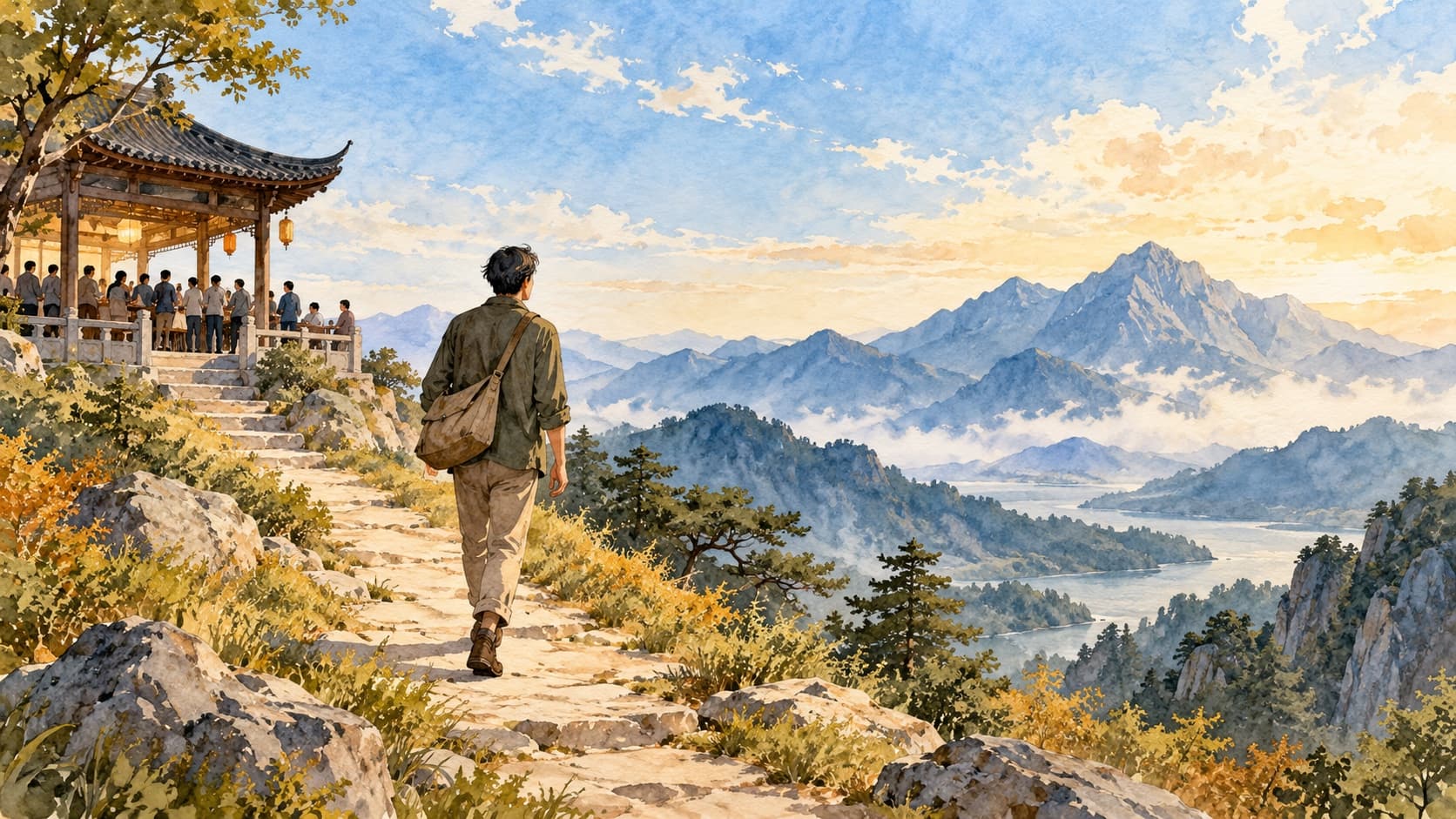 An adult with a shoulder bag walks away from a pavilion along an open mountain path.