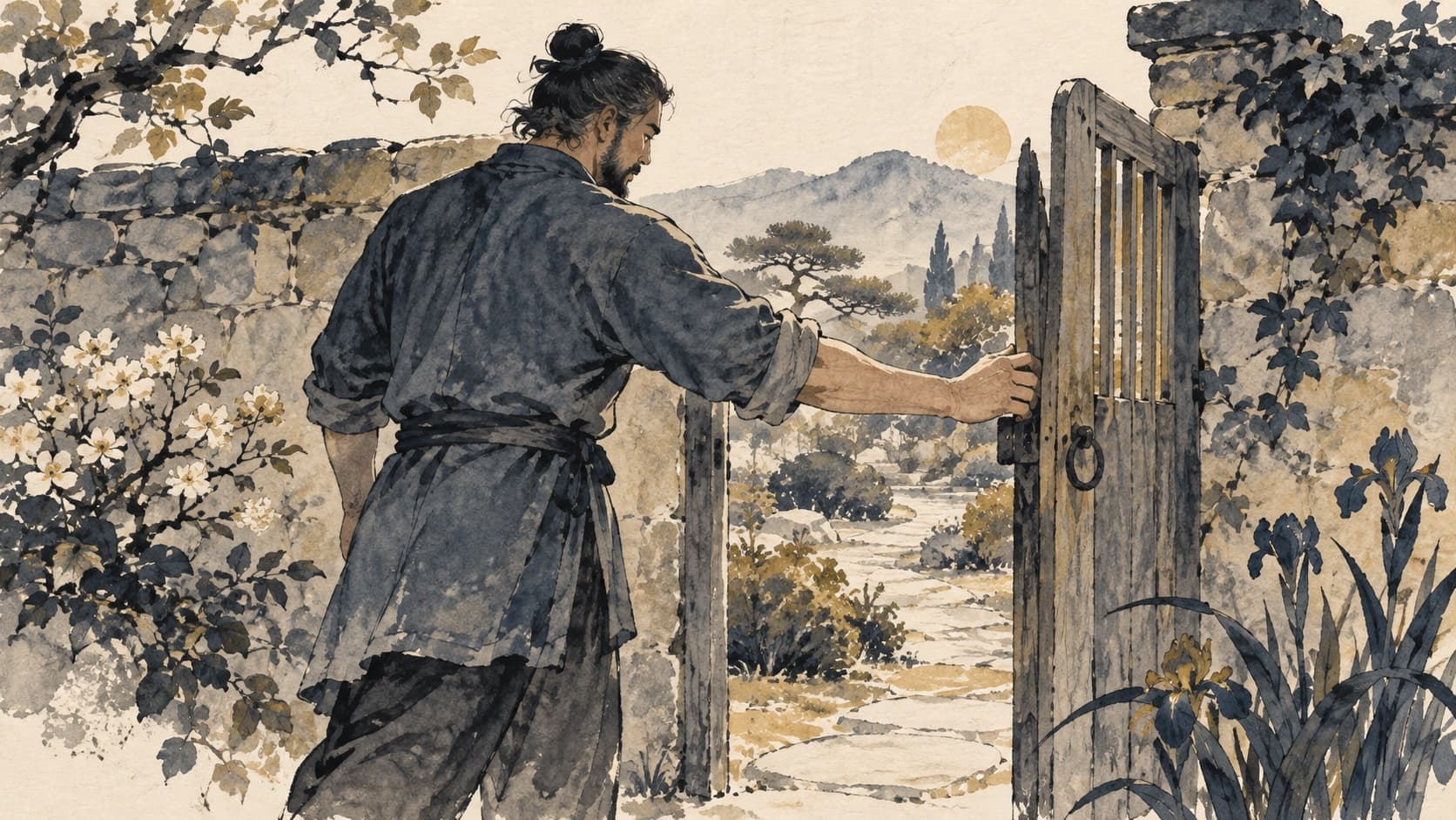 An adult opens a wooden garden gate with a relaxed hand.