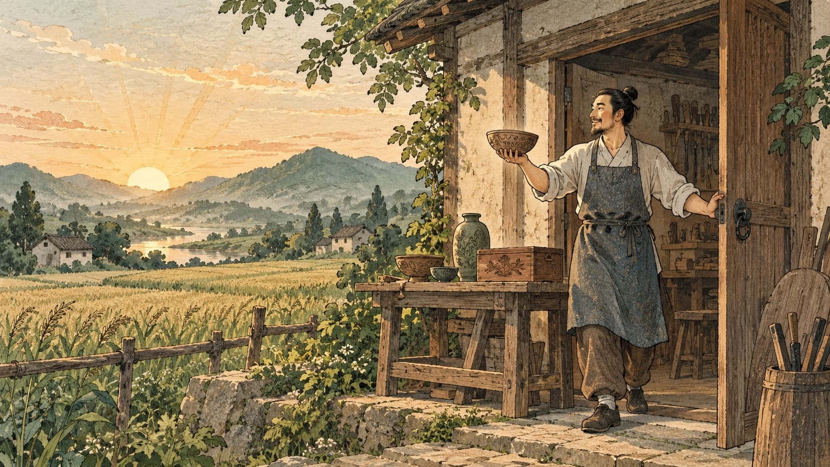 A craftsperson displays a bowl outside a workshop at sunrise.